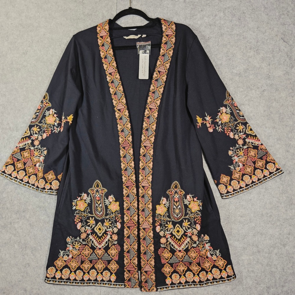 NWT Soft Surroundings Black Fiberworks Kimono Embroidered Boho Duster Folk Sz M